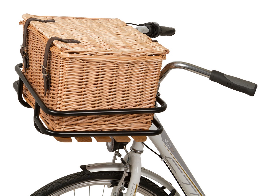 Weidenkorb Fahrradkorb mit Deckel inkl. Gepäckträger für vorne